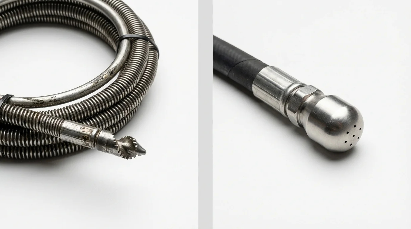 Drain snake cable and hydro jetting nozzle used for drain cleaning in Bergenfield, NJ