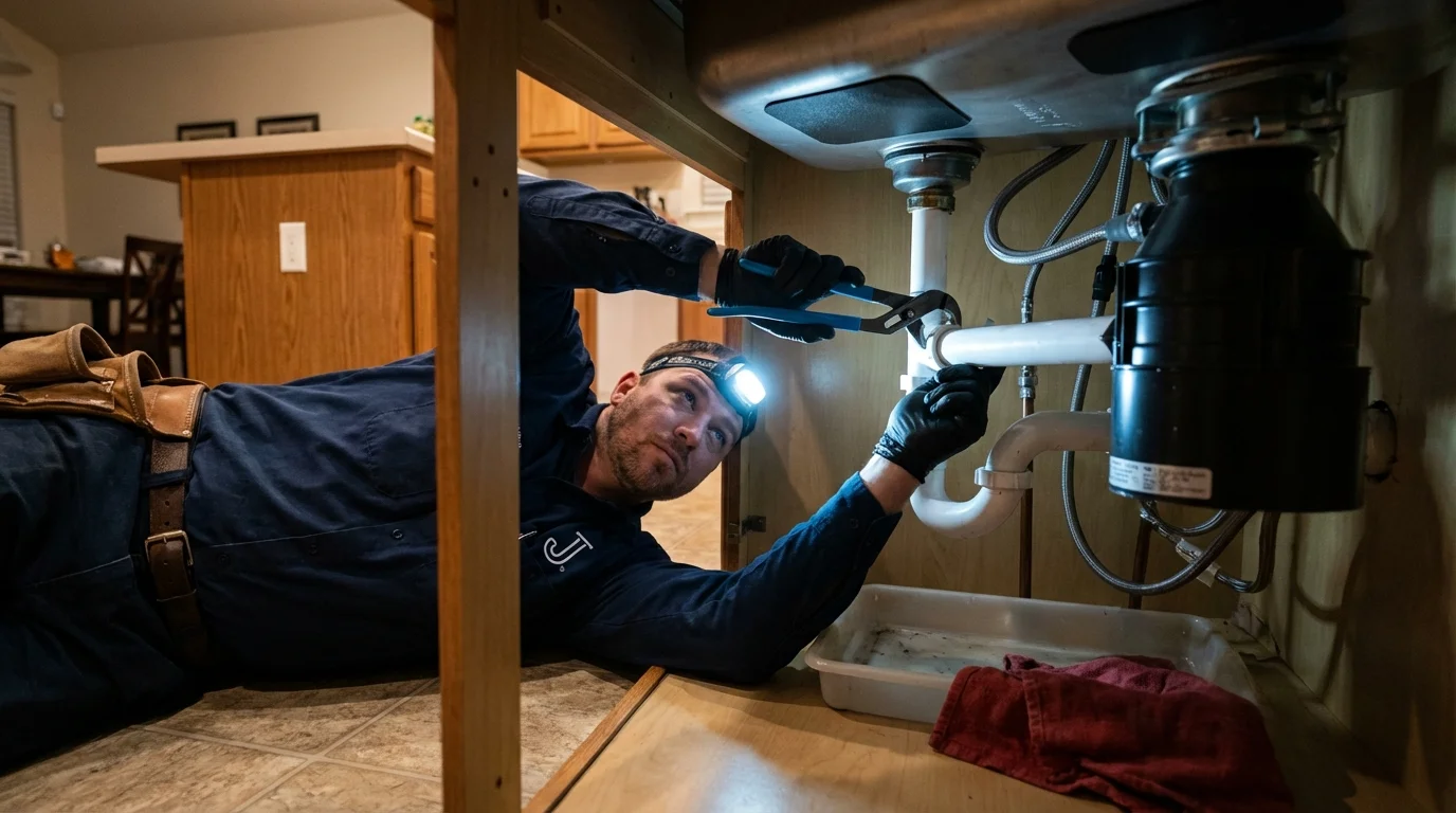 P-trap and supply line connections under a kitchen sink showing a common leak point in Bergenfield, NJ